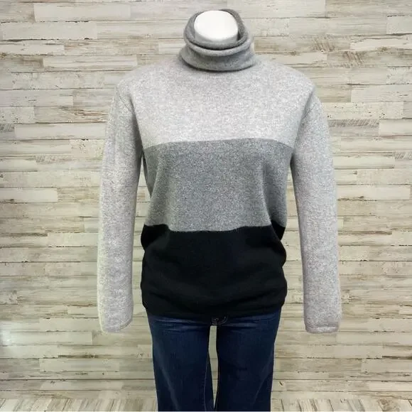 Magaschoni Cashmere Sweater Mock Neck Womens Size M Black Gray Colorblock - Picture 1 of 11